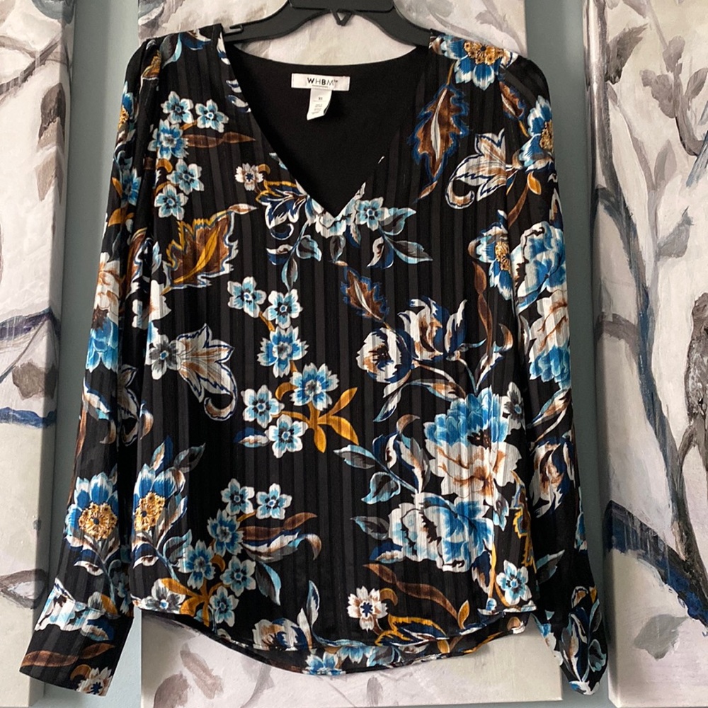 White House Black Market black floral long sleeve sheer lined v neck blouse XS